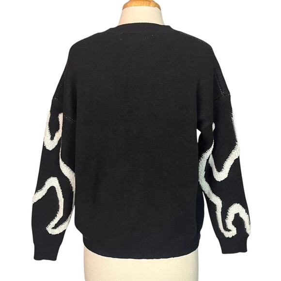 Dinosaur Knit Sweater Womens XS Black White Fuzzy 3D Pullover Novelty T Rex - Picture 2 of 8